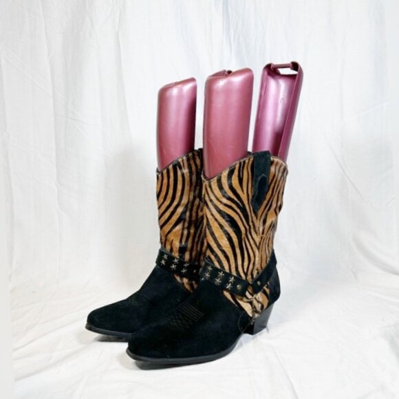 Vintage Black Suede Zebra Print Star Studded Stirrup Cowgirl Western Boots~9~ - Picture 1 of 7